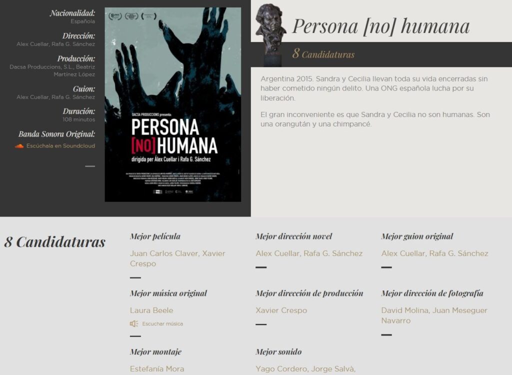 Nominan a premio Goya a “Persona no humana” 